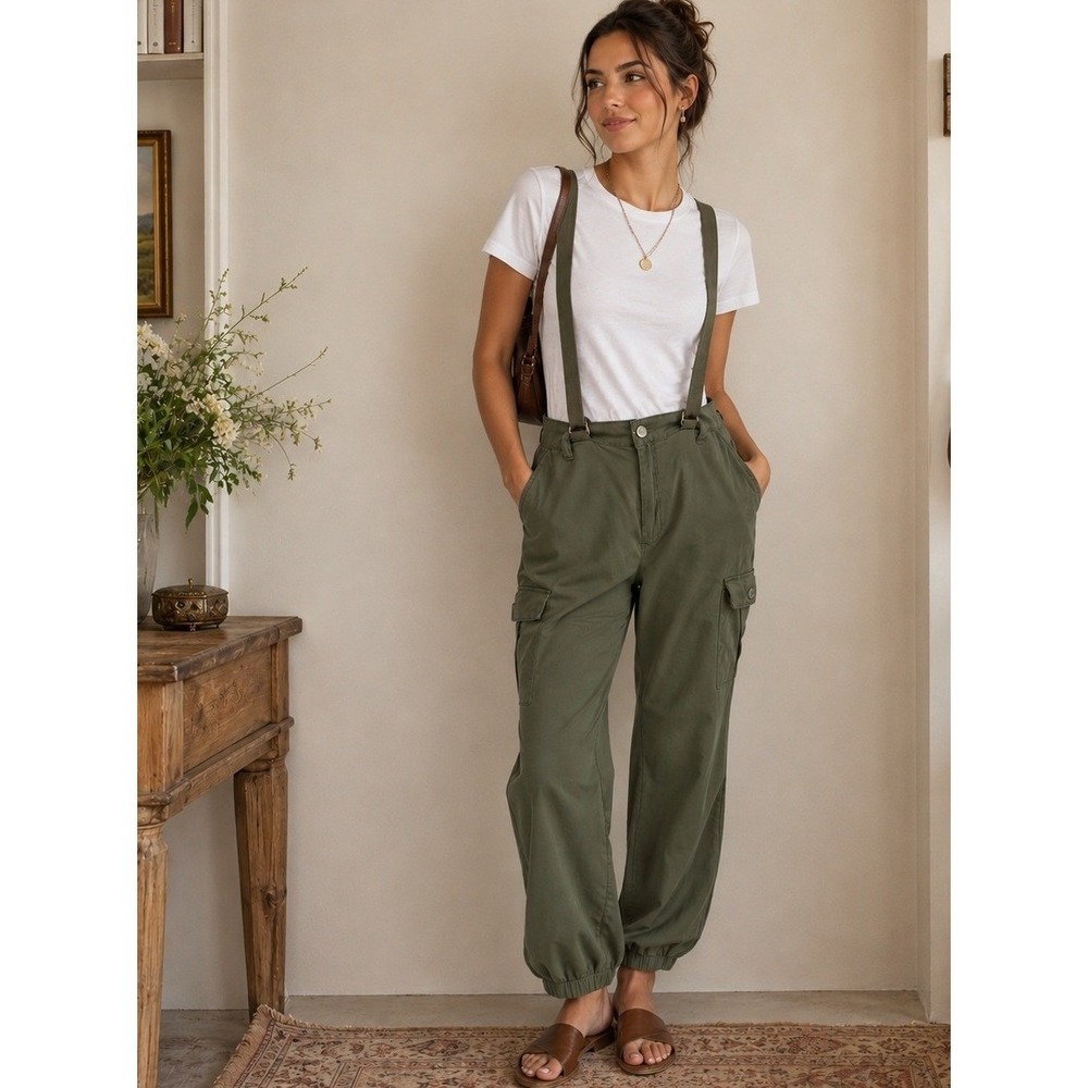 Cali1850‎ Cargo Jogger Pants Womens 9 Green Cotton Suspenders Gorpcore Utility